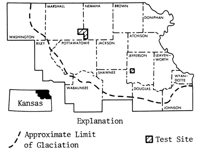 Test sites in northeast Kansas, north of the southern limit of glaciation, in Jefferson, Marshall, and Nemaha counties.