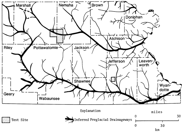 Test site in Marshall and Nemaha counties covers a preglacial drainageway; site in Jeffereson County is next to but does not cover inferred preglacial drainageway.