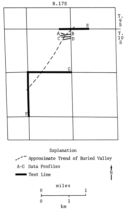 Arrangement of test lines and data profiles compared to buried valley.
