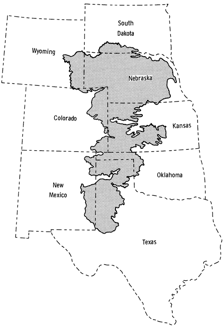 High Plains aquifer covers area from western Texas and eastern New Mexico north through western Kansas, much of Nebraska, and southern South Dakota.