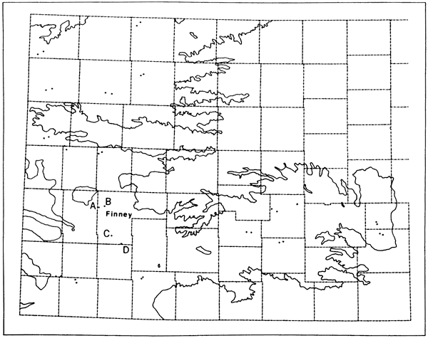 Map of western Kansas showing High Plains aquifer and several clusters of wells where further analysis on the decline curves was performed.