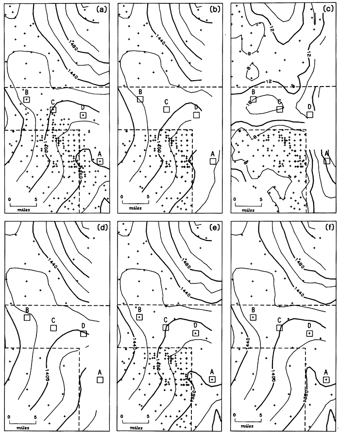 Six contour maps (water table elevations and one error map) show the differences in modeling the water table with complete coverage and missing hexagons.