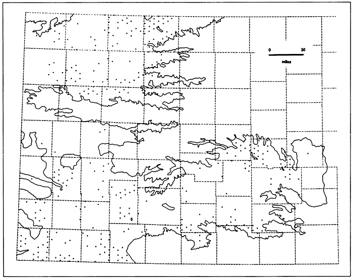 Map of western Kansas and High Plains aquifer; new locations needed (where aquifer is thicker) are scattered throughout the aquifer.