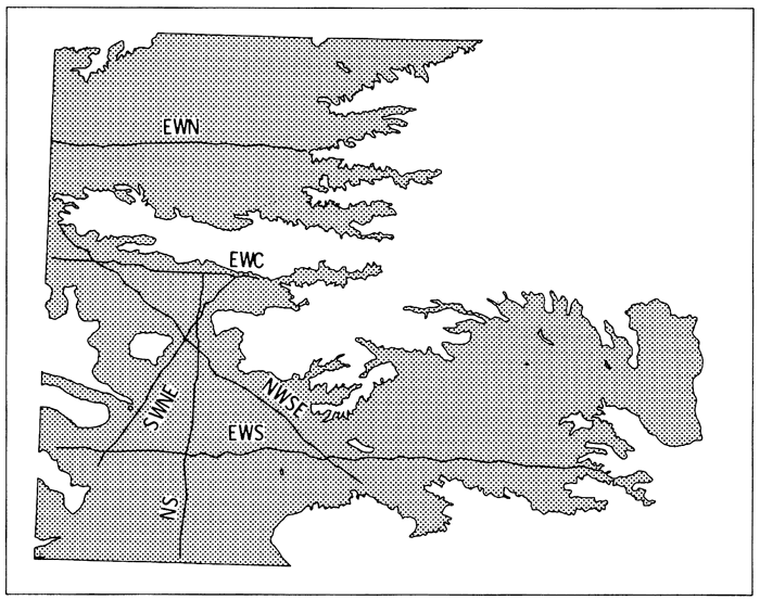 Map of the High Plains aquifer showing orientation of several traverses used to make semivariograms.