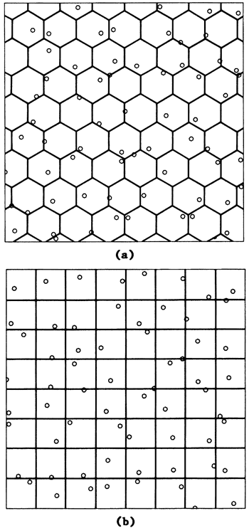 2 plots showing random points with overlays of hexagonal or square bins used to chose a point for mapping.