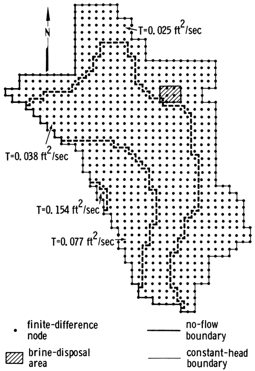 Map shows investigation points of model and initial values of transmissivity; brine-disposal area to NE of area.