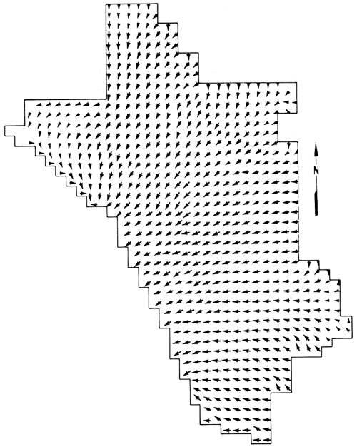 Floe initially from east and northeast moving towards southwest boundary.