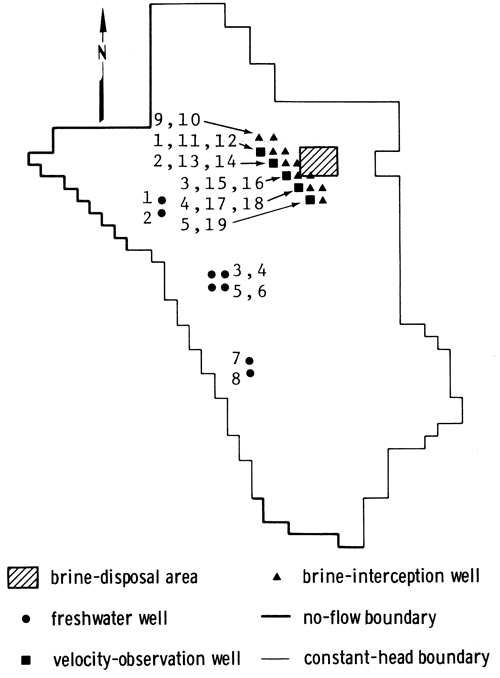 Map shows freshwater wells to SW of brine-disposal area with velocity-observation wells between; brine-intercepthion wells are between disposal area and velocity-observation wells.