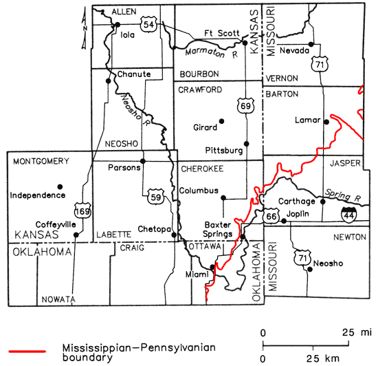 Miss.-Penn. boundary runs from Ottawa Co. in Oklahoma through far SE Cherokee Co. in Kansas, then through Jasper and Barton co. in Missouri.