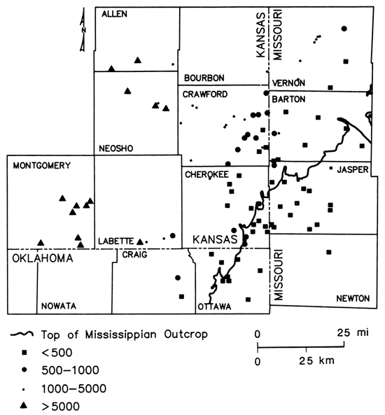 Highest total dissolved solids (more than 5000) in western part; less than 500 ppm in SE and east; intermediate values inbetween.