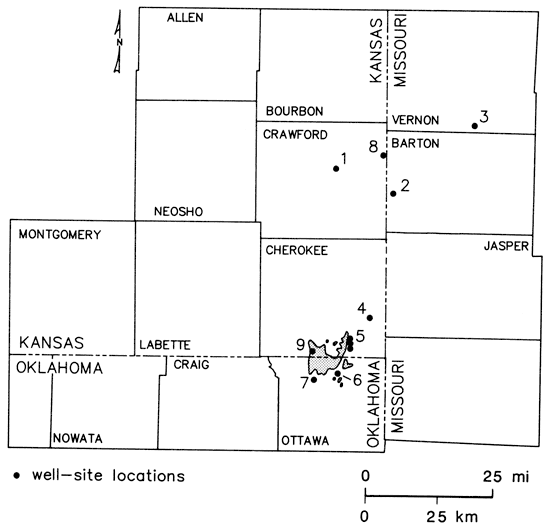 Well sites shown in study area.