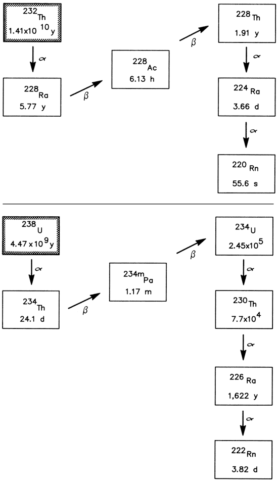 Radioactive decay for Th-232 and U-238.