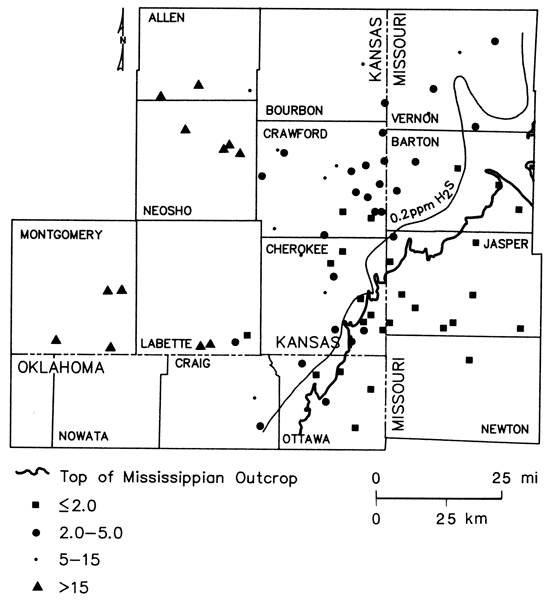 Highest Radium-226 (more than 15) in west; less than 2 in SE; intermediate values inbetween and in NE.