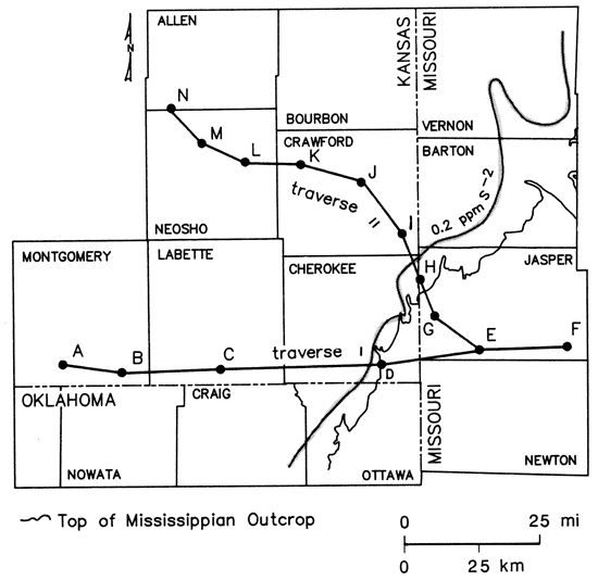 One line (N to F) runs from southern Allen Co in KS through Neosho, Crawford, and Jasper Co. in Missouri; other line (A to F) runs from Montgomery to Labette and Cherokee in Kansas to Jasper Co.