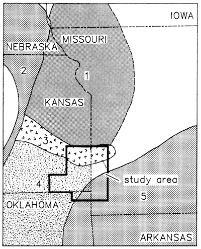 Forest City basin to north of area; Bourbon arch in northern part of study area and extends to west; Ozard uplift in SE corner of study area, extending to south and east; Cherokee basin in SW part of study area and extends to south and west.