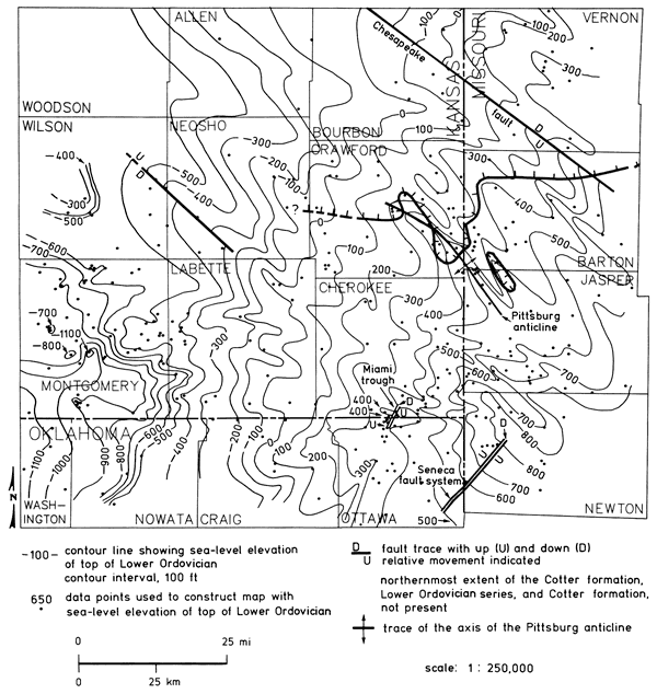 Contour map of Lower Ordovician in study area; -500 ft below sea level in NW; at sea level in central part of area, rises to 800 in SE.