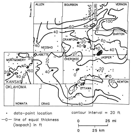 Thickness of 20-40 over much of the area; drops to 0 in southern Cherokee Co. and rises to 80-100 to NE.