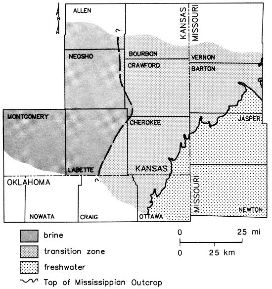 Freshwater to SE, brine to West, transition zone between.