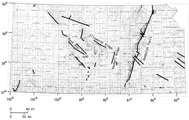 Configuration of the top of Precambrian rocks in Kansas.
