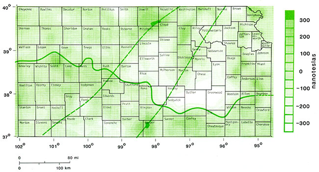 Aeromagnetic map reduced to pole and upward continued to nine kilometers (5.5 mi.) above sea level.