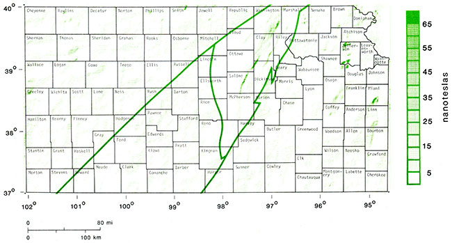 Aeromagnetic map reduced to pole, leveled, high-pass filtered, and trend-pass filtered northeast approx. 45 degrees.