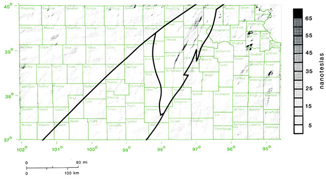 Aeromagnetic map reduced to pole, leveled, high-pass filtered, and trend-pass filtered northeast approx. 45 degrees.