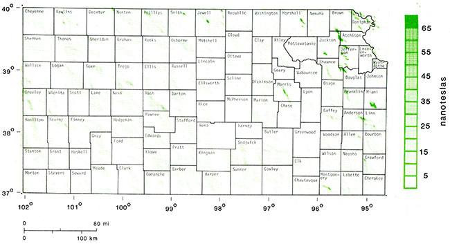 Aeromagnetic map reduced to pole, leveled, high-pass filtered, and trend-pass filtered northwest approx. 45 degrees.