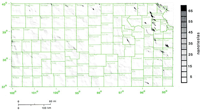 Aeromagnetic map reduced to pole, leveled, high-pass filtered, and trend-pass filtered northwest approx. 45 degrees.