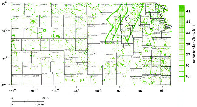 Aeromagnetic map reduced to pole, leveled, with second vertical derivative calculated.