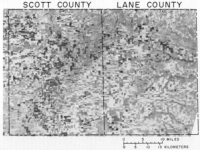 Black and white satellite images of Scott and Lane counties.