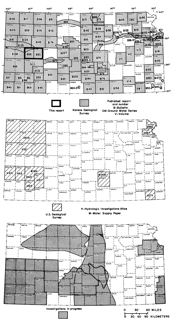 Three Kansas maps showing KGS publications, USGS publications, and current studies.