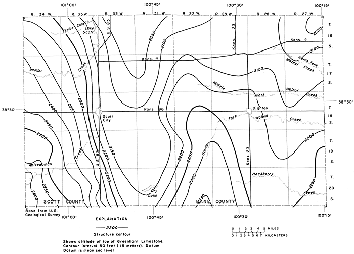 Greenhorn elevation is 2600 feet above sea level in far SW of study area; drops to 2050 in north; 2250 in SE.