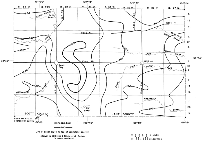 Depth to sandstone squifer is 700 feet in SW, 600 feet in much of east; 1000 feet in a N-S band east of Scott City.