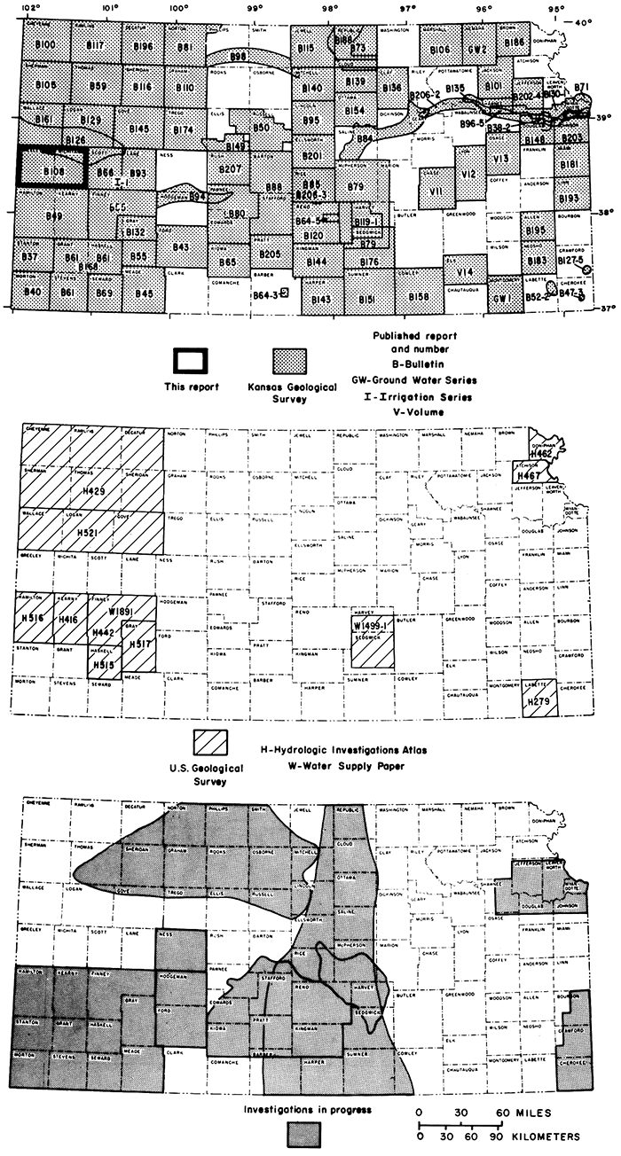 Three Kansas maps showing KGS publications, USGS publications, and current studies.