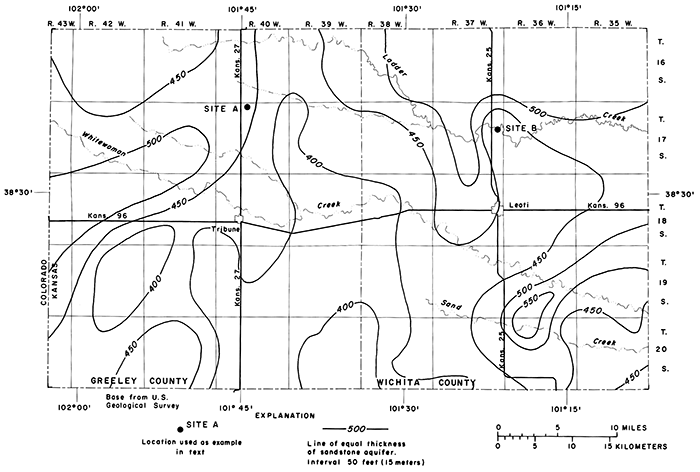 400 to 450 feet thick on border between counties; rises to 550 in SE Wichita and 500 in western Greeley.