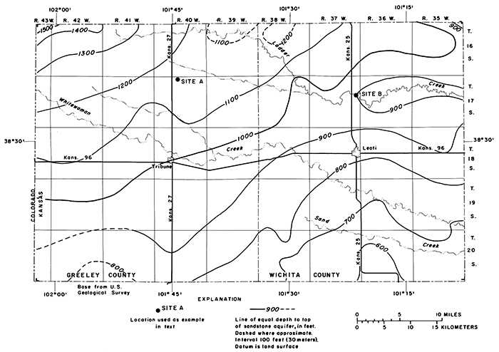 Depth to top of aquifer is 600 feet from surface in SE Wichita; deepens to 1400 feet in NW Greeley.