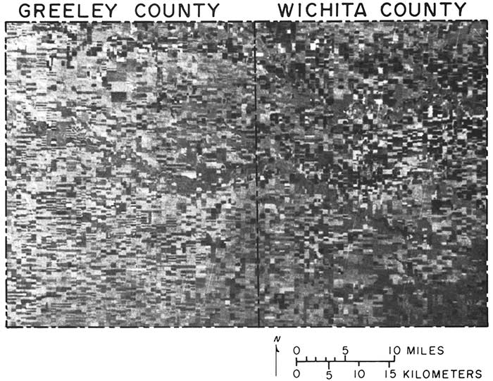 Black and white satellite images of Greeley and Wichita counties.