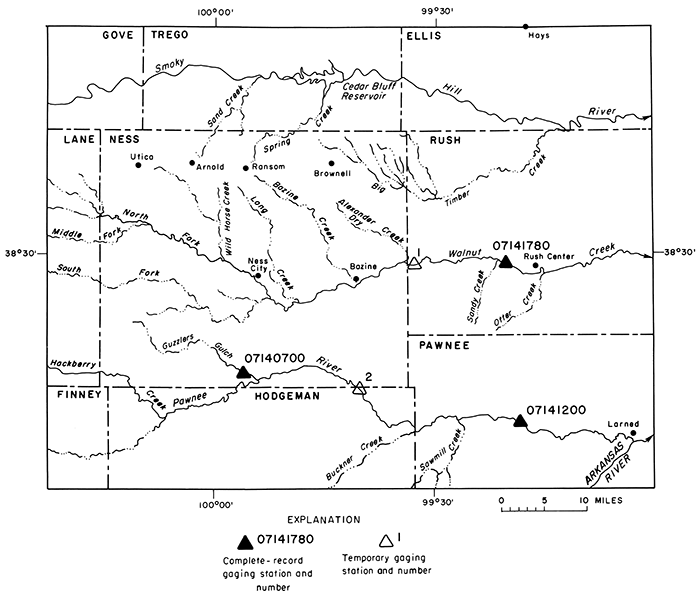 North Fork Walnut Creek runs west to east in central Ness County; Pawnee River is in far southern part of county; creeks in north drain to Smoky Hill River flowing in Trego and Ellis counties.