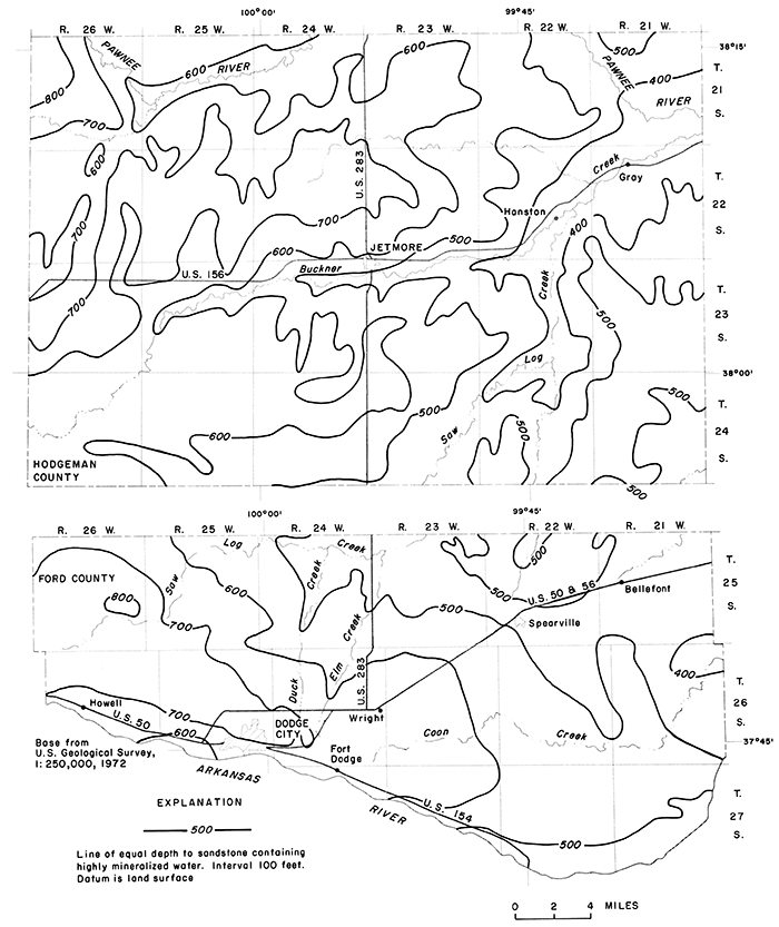 Depth to sandstone is around 500 feet at Ford-Hodgeman border; rising to 600-700 feet around Ark River to south; 600-700 feet in most of Hodgeman County, dropping to 400-500 feet in eastern part of county.