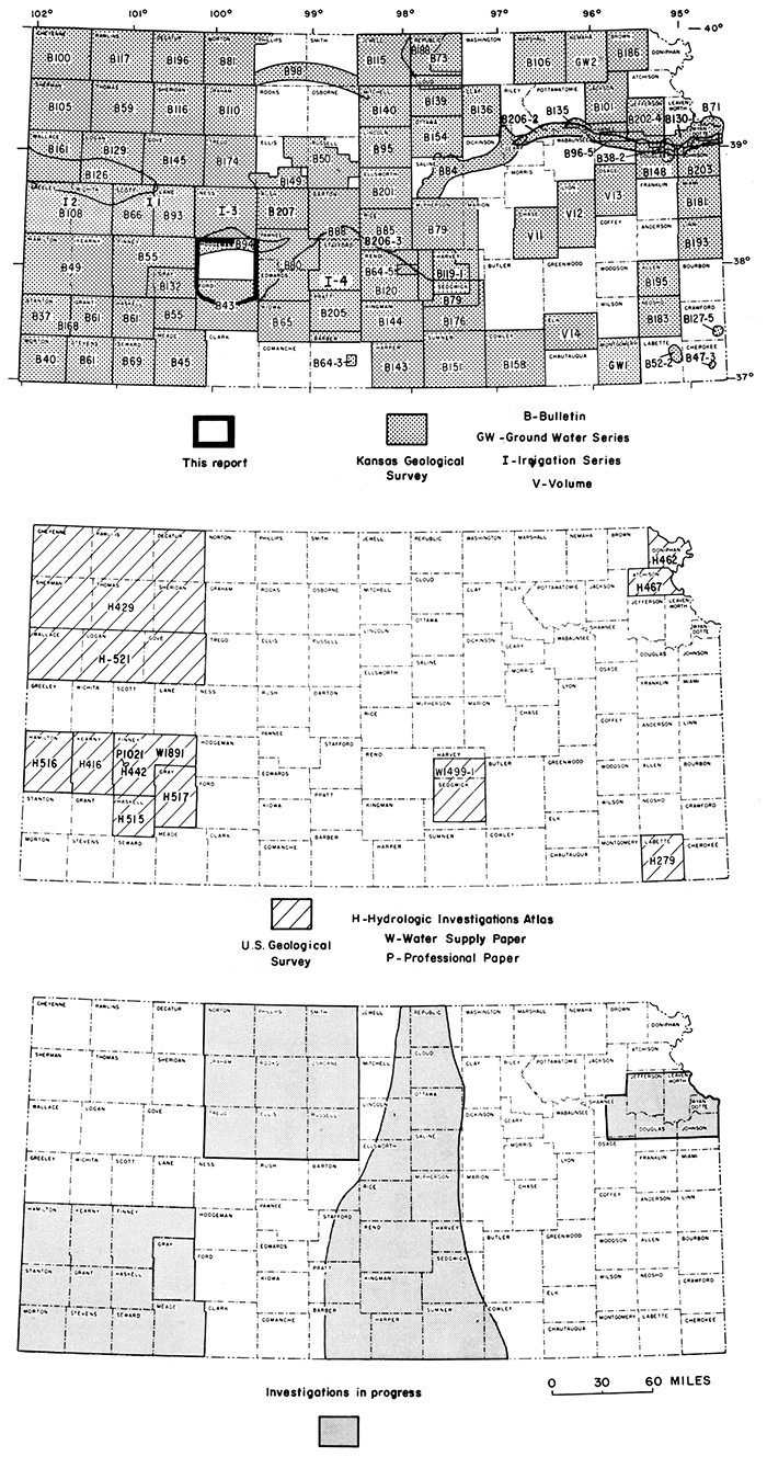 Three maps of Kansas shoiwng how this publication realates to others by the USGS or Kansas Geological Survey.