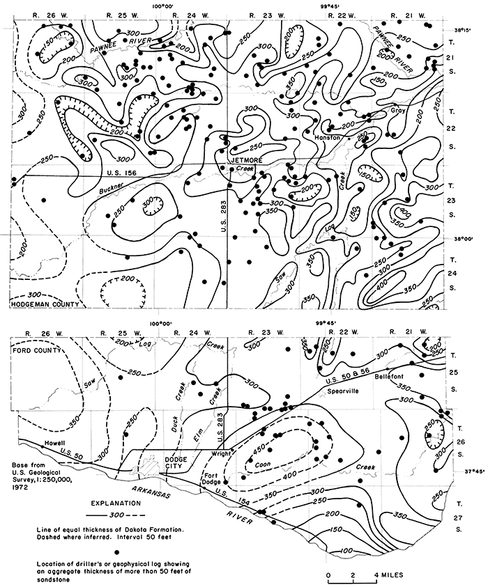 Dakota as thick as 450 feet just east of Dodge City; commonly 250-300 feet thick in mich opf rest of study area; another area of 400-foot thickness in SE Hodgeman.