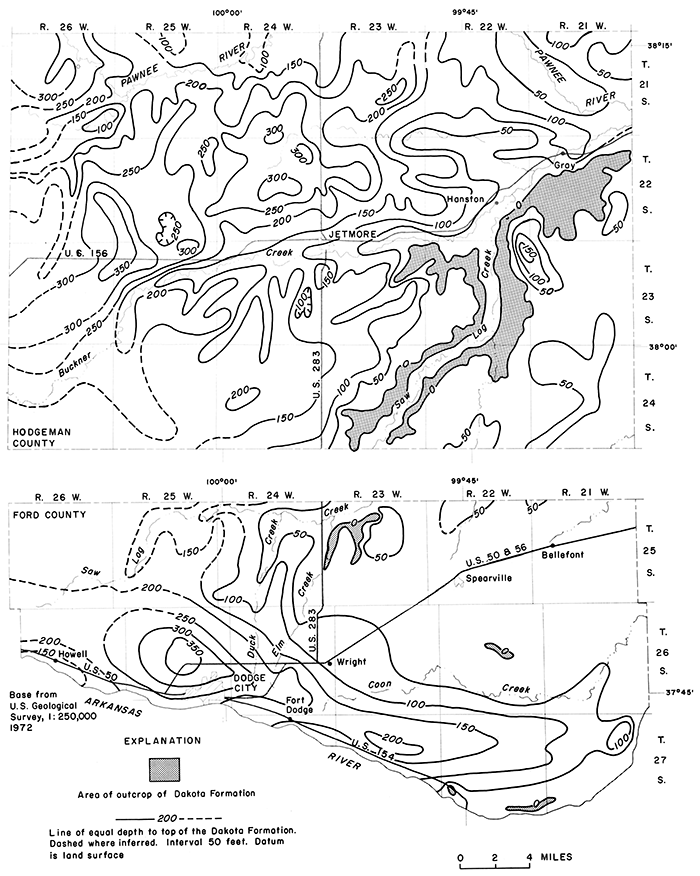 Dakota as deep as 350 west of Dodge City, rises to 200 feet east of the town; 200-300 feet deep in an east-west band in central Hodgeman County; crops out along Saw Log Creek.