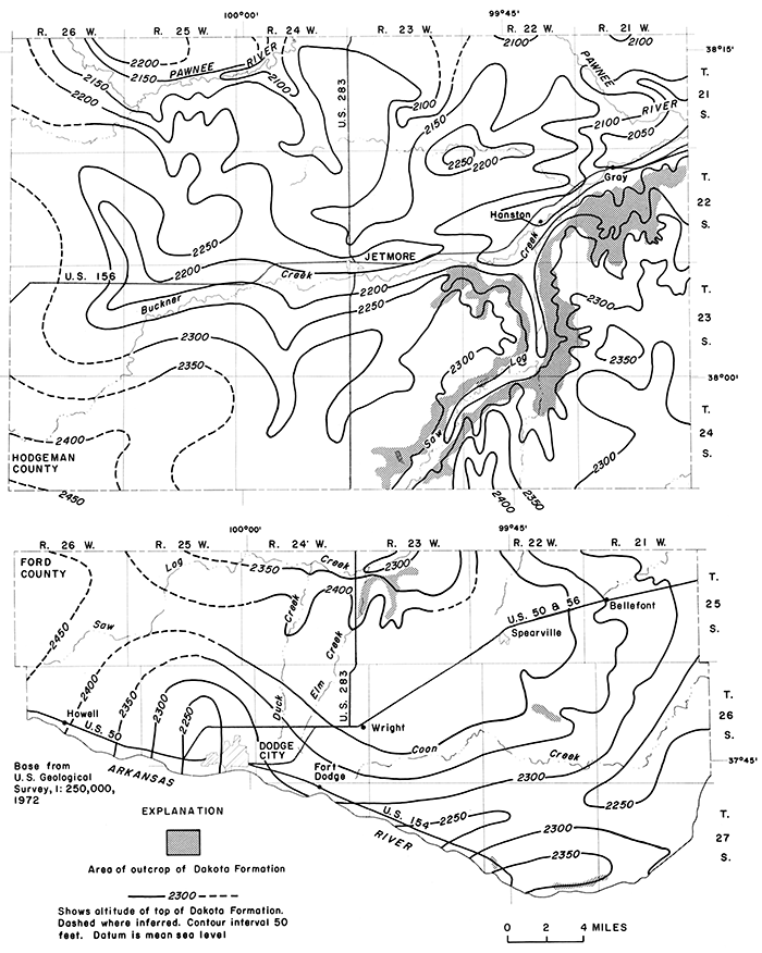 Altitude is 2250 feet west of Dodge City, drops to 2200-2300 feet along Saw Log Creek; 2150 near Pawnee River.