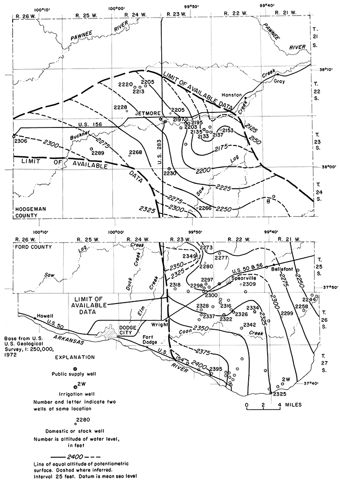 Potentiometric surface 2400 feet near Ark River, 2300 at Hodgeman-Ford county line; 2195 at Jetmore.