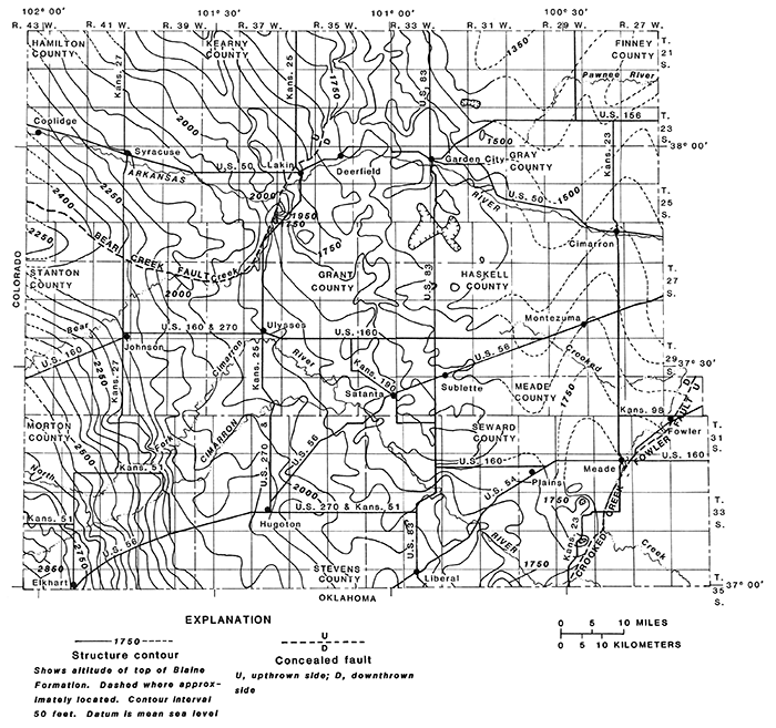 Structure contours on top of Blaine Formation.