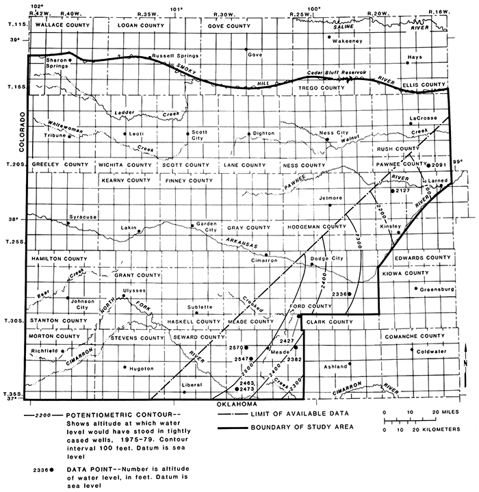 Potentiometric surface, Permian age aquifers.