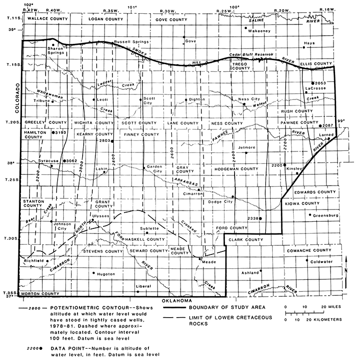 Potentiometric surface, Cheyenne Sandstone aquifers.