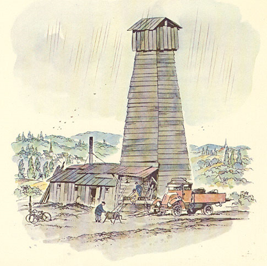Watercolor of wooden drilling tower where first well log was run.