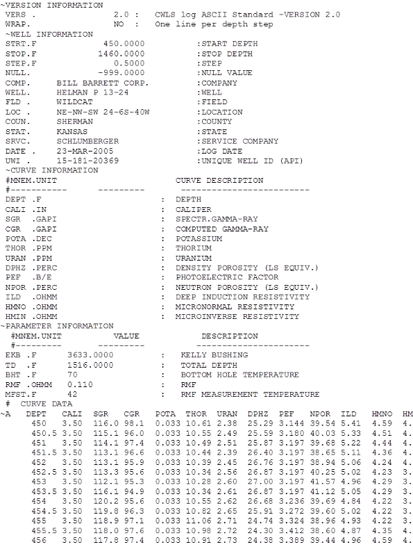 Image showing the beginning of an LAS file.