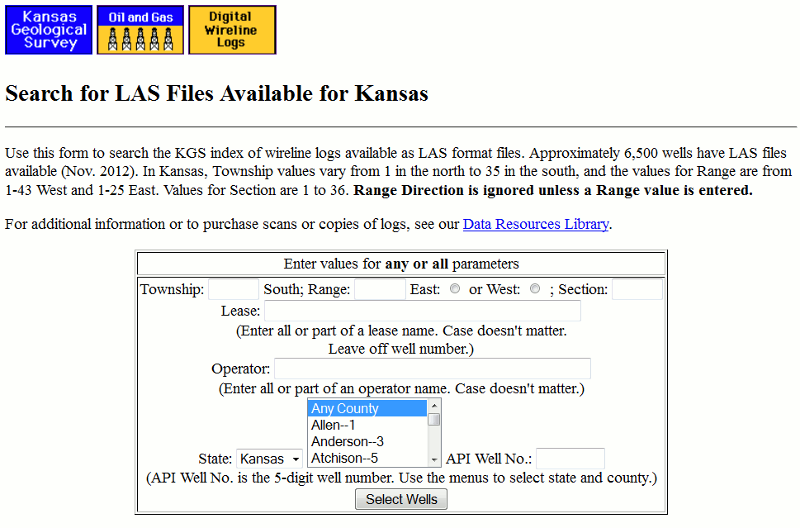 Form to enter township, range, and section for a well.